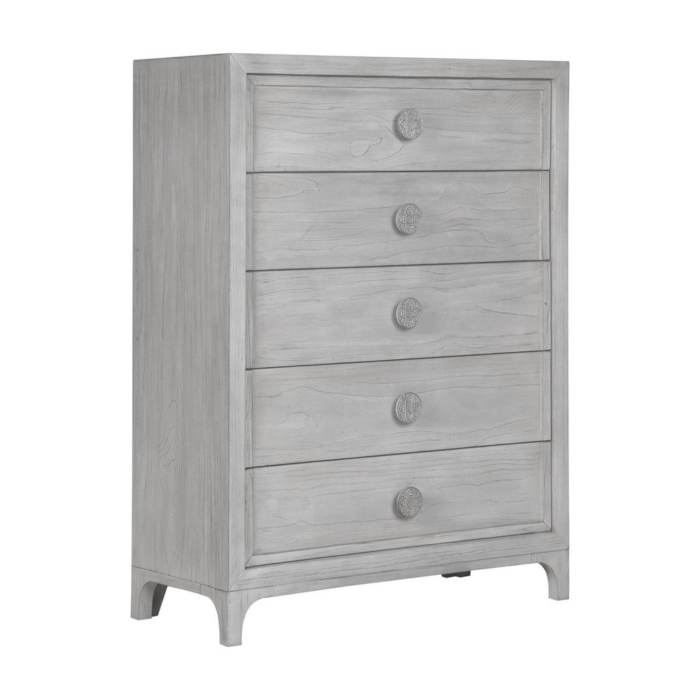 Atina Tall Dresser Chest | 5 Drawers | Curved Base | Washed White Wood
