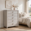 Atina Tall Dresser Chest | 5 Drawers | Curved Base | Washed White Wood