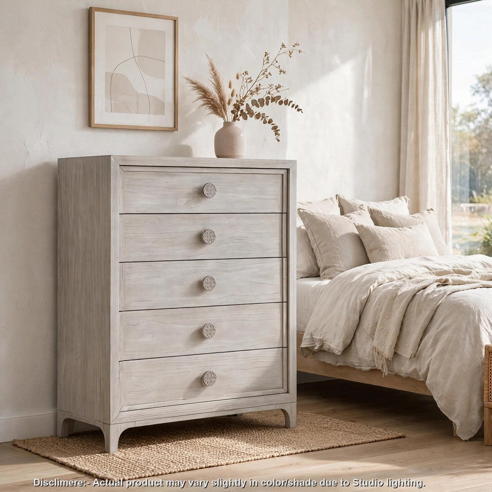 Atina Tall Dresser Chest | 5 Drawers | Curved Base | Washed White Wood