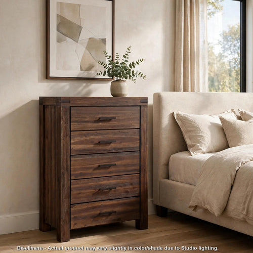 Pim Tall Dresser Chest with 5 Drawers | Solid Acacia Wood | Brown