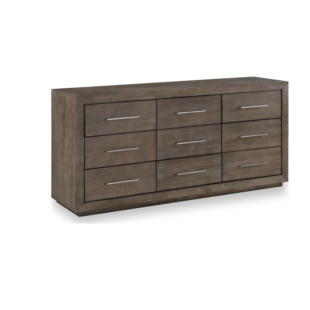 Nels Wide Dresser | Plinth Base | 9 Drawers | Dark Pine Brown Solid Wood