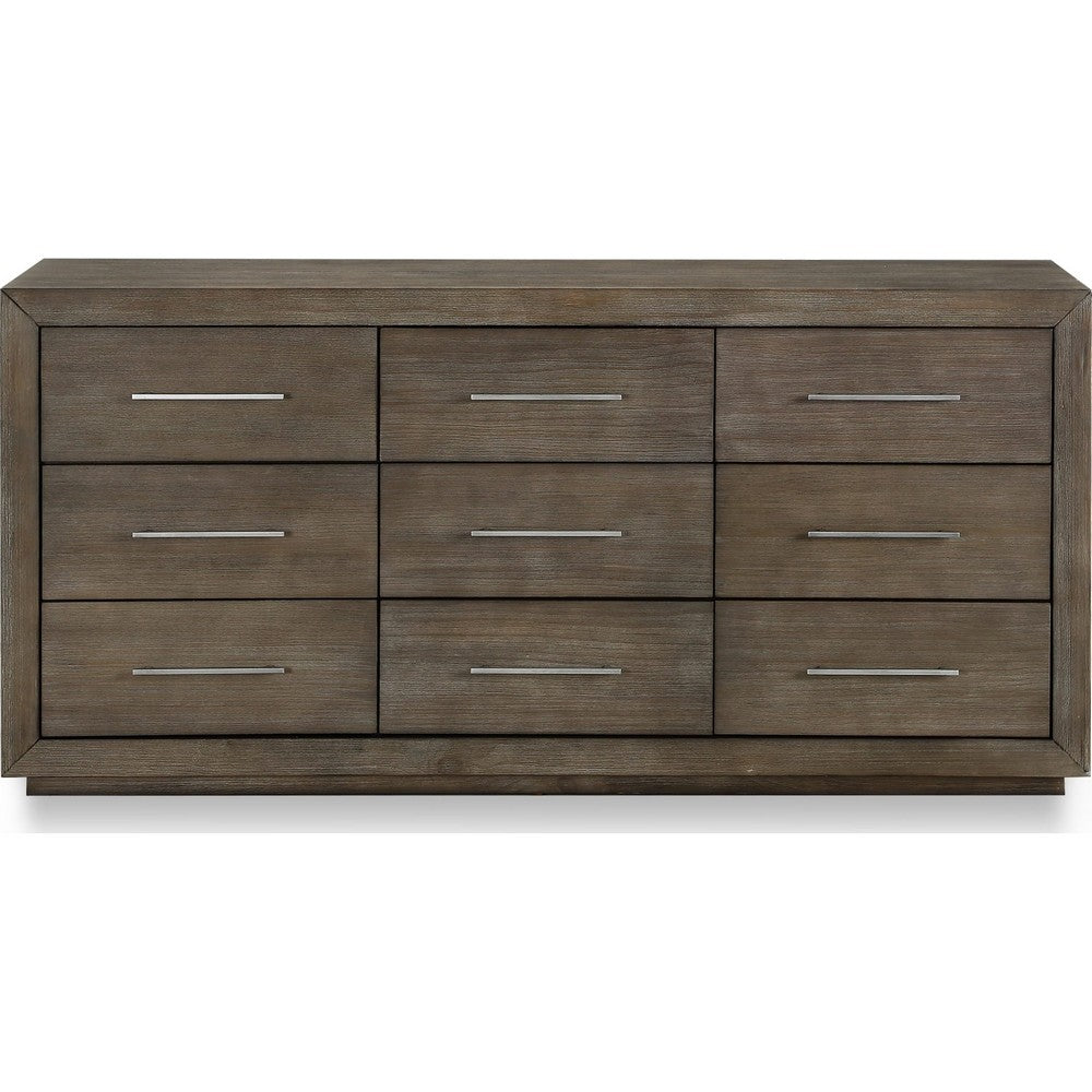 Nels Wide Dresser | Plinth Base | 9 Drawers | Dark Pine Brown Solid Wood
