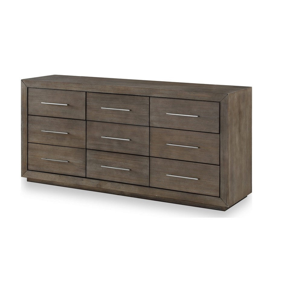 Nels Wide Dresser | Plinth Base | 9 Drawers | Dark Pine Brown Solid Wood
