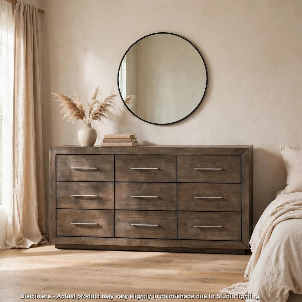 Nels Wide Dresser | Plinth Base | 9 Drawers | Dark Pine Brown Solid Wood