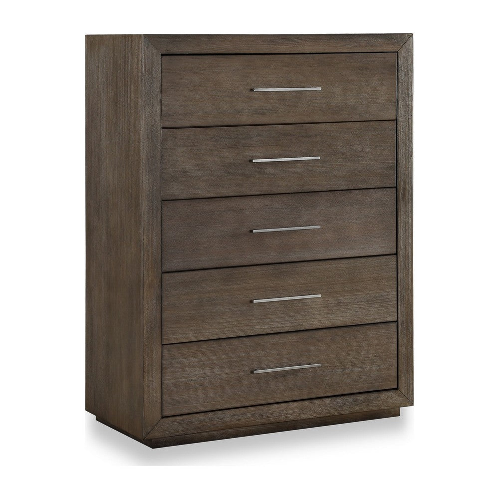 Nels Tall Dresser Chest | Plinth Base | 5 Drawers | Dark Pine Solid Wood