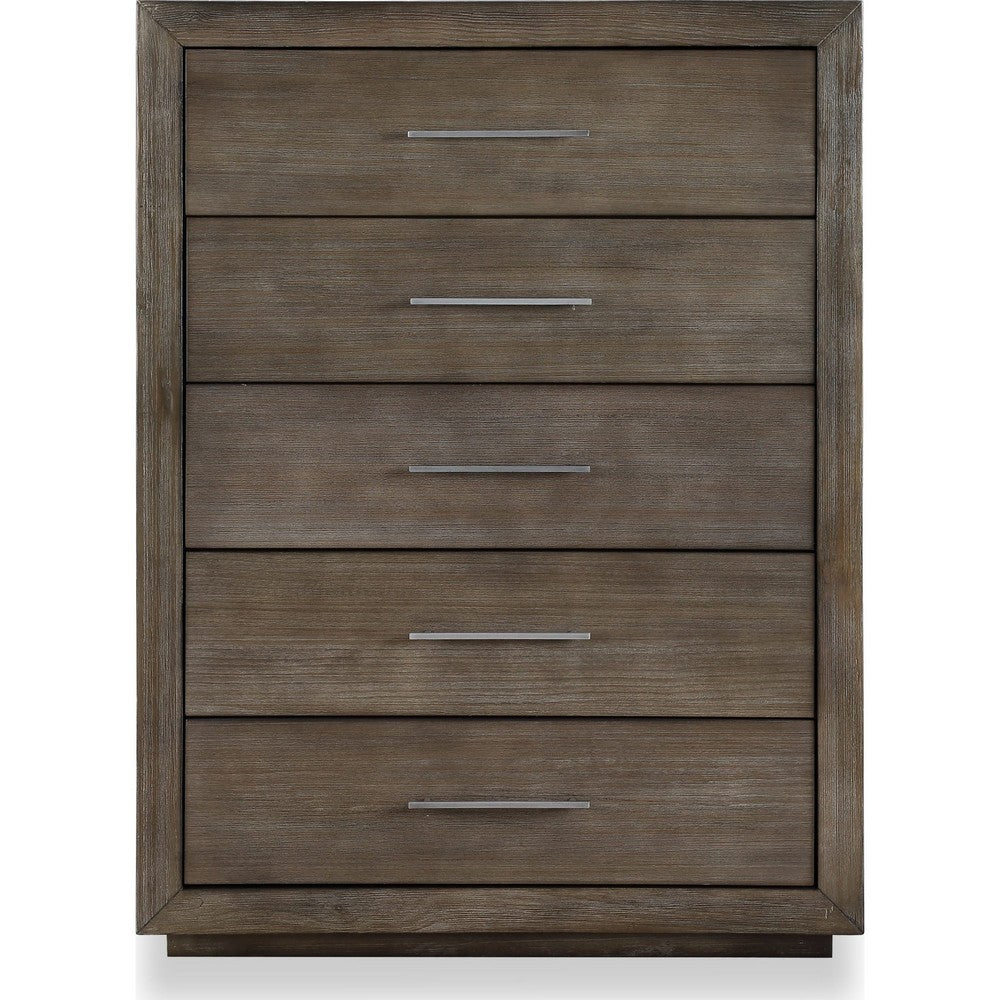 Nels Tall Dresser Chest | Plinth Base | 5 Drawers | Dark Pine Solid Wood