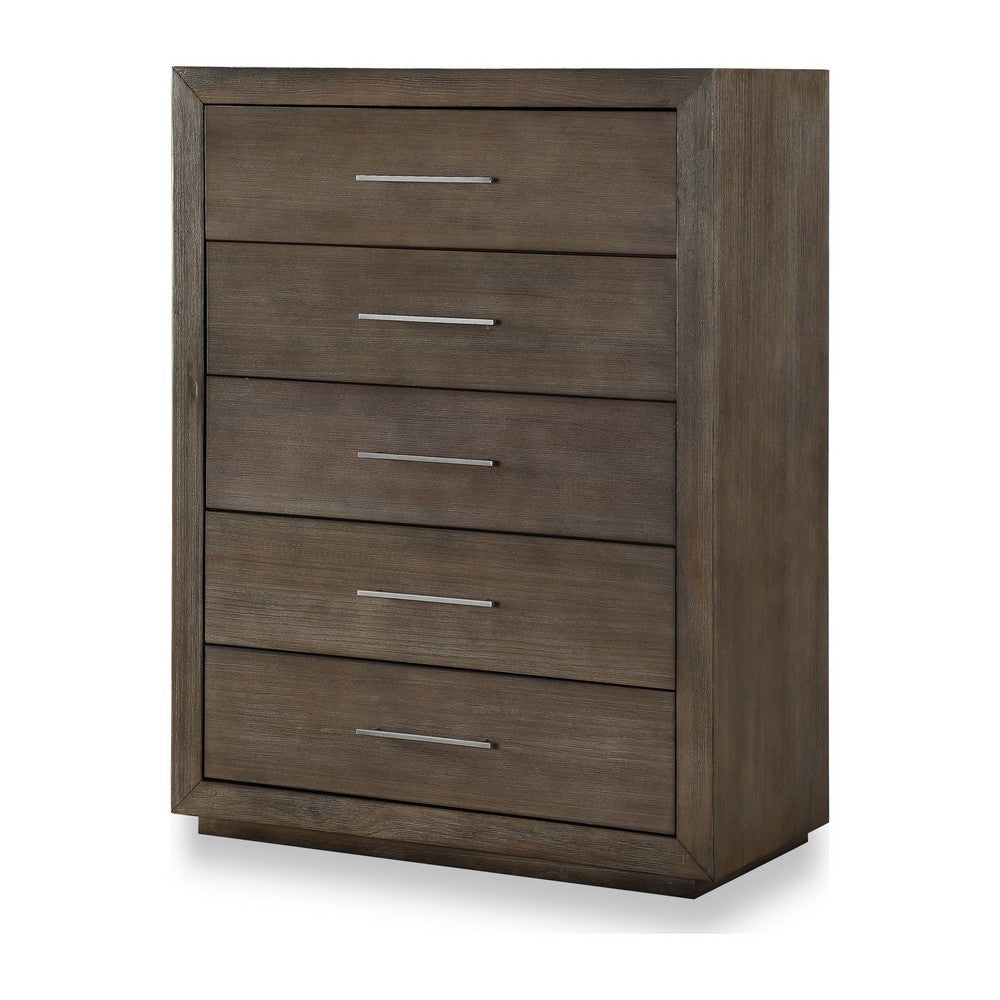 Nels Tall Dresser Chest | Plinth Base | 5 Drawers | Dark Pine Solid Wood