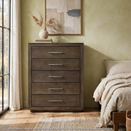 Nels Tall Dresser Chest | Plinth Base | 5 Drawers | Dark Pine Solid Wood
