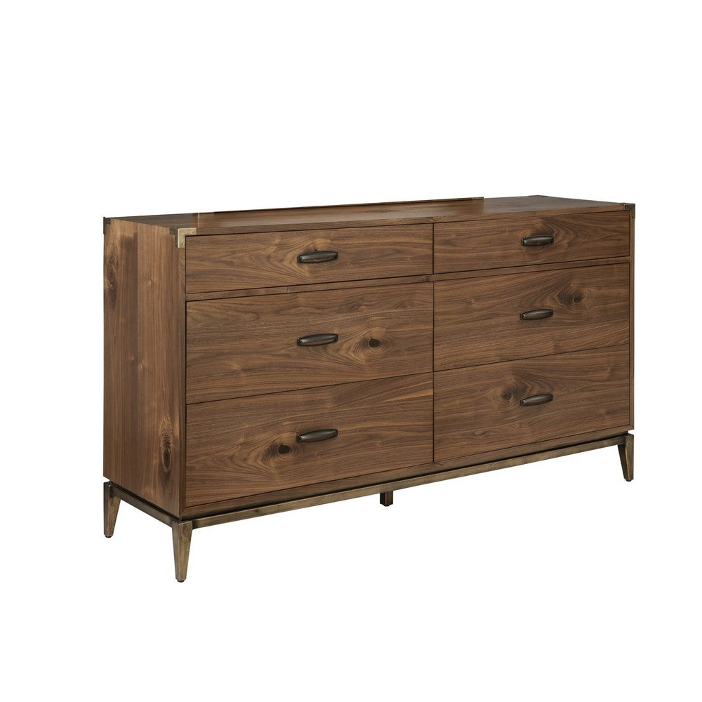 Axel Wide Dresser with Six Drawers | Metal Legs | Walnut Brown Wood