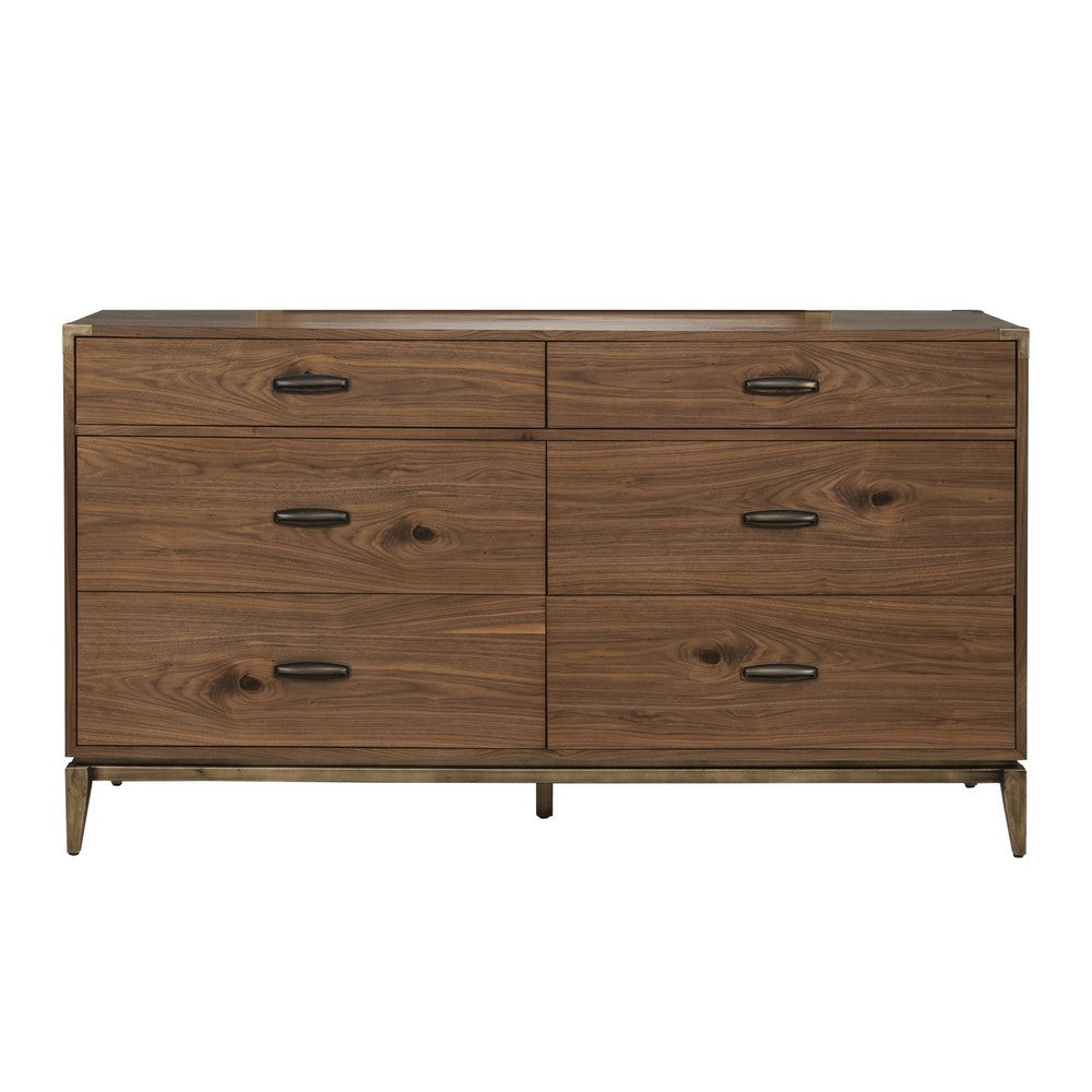 Axel Wide Dresser with Six Drawers | Metal Legs | Walnut Brown Wood