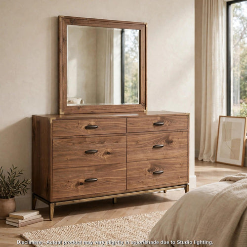 Axel Wide Dresser with Six Drawers | Metal Legs | Walnut Brown Wood