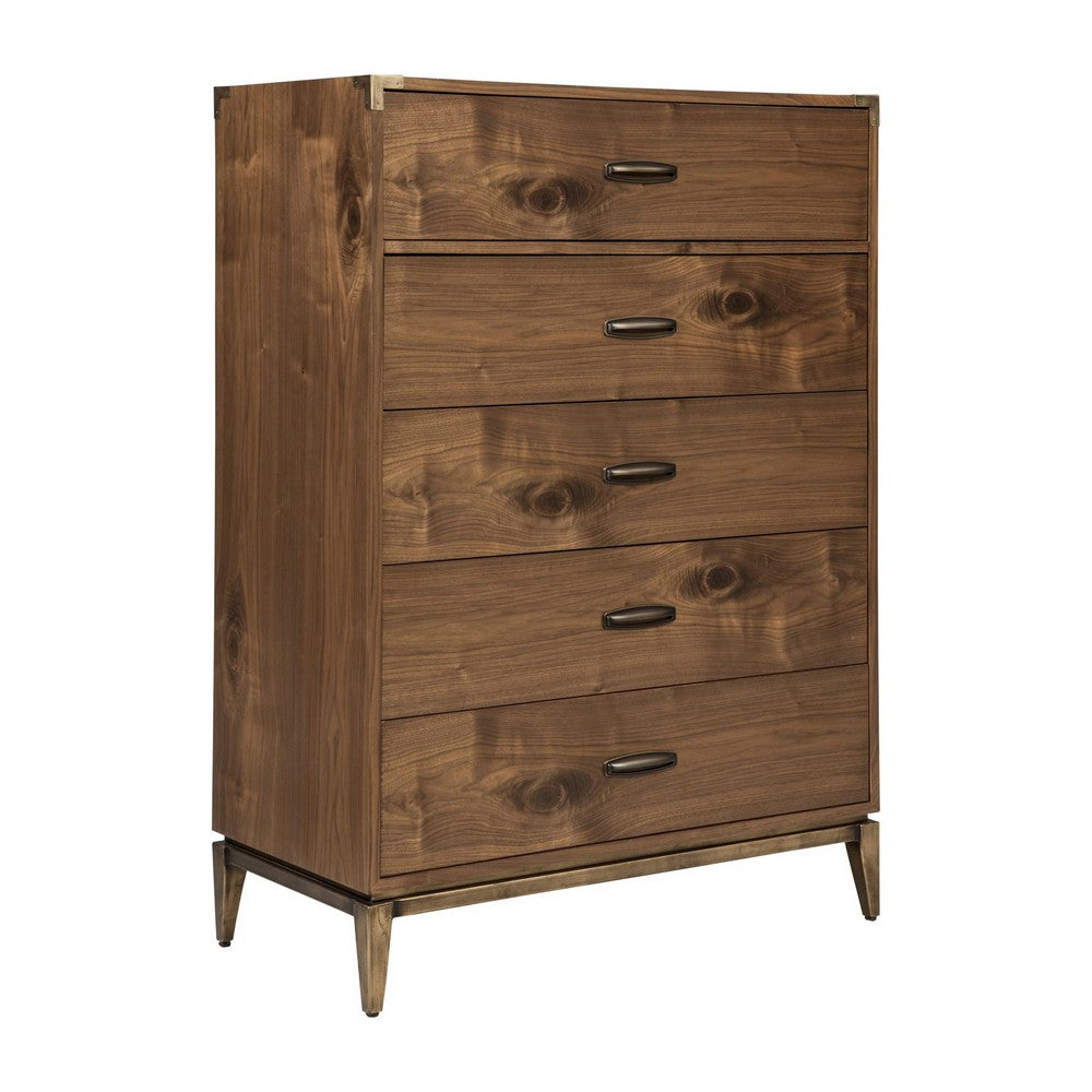 Axel Tall Dresser Chest with 5 Drawers | Metal Legs | Walnut Brown Wood