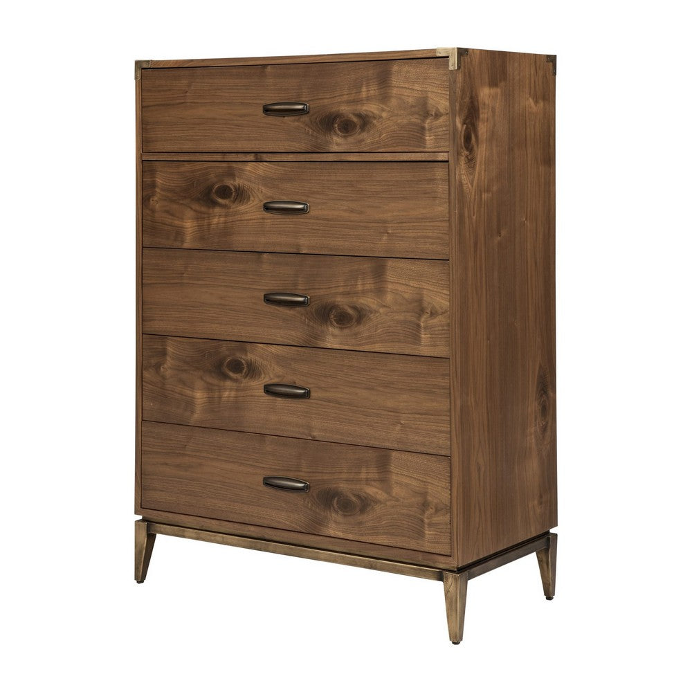 Axel Tall Dresser Chest with 5 Drawers | Metal Legs | Walnut Brown Wood
