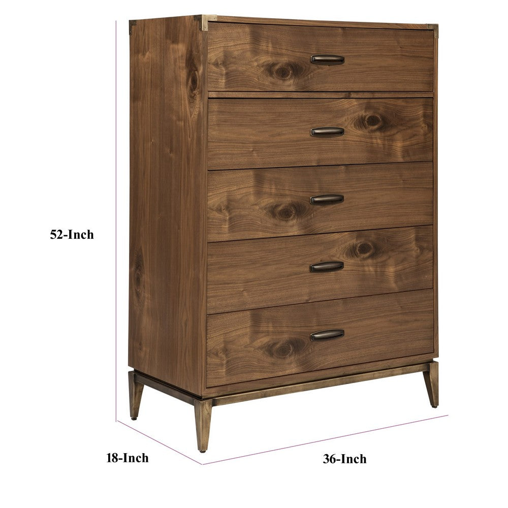 Axel Tall Dresser Chest with 5 Drawers | Metal Legs | Walnut Brown Wood