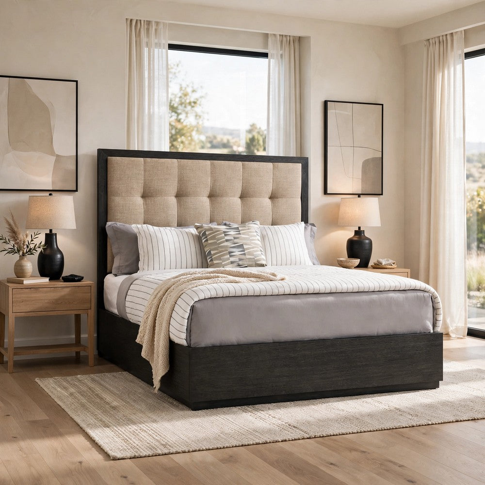Jose King Platform Bed with Button-Tufted Headboard | Gray Solid Wood | Linen