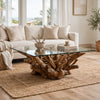 Bruce Coffee Table | 50" Tempered Glass Top | Teak Root Base | Brown