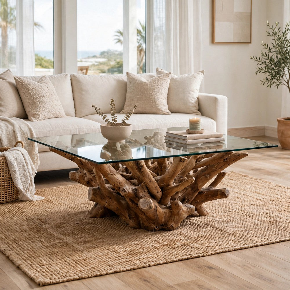 Bruce Coffee Table | 50" Tempered Glass Top | Teak Root Base | Brown