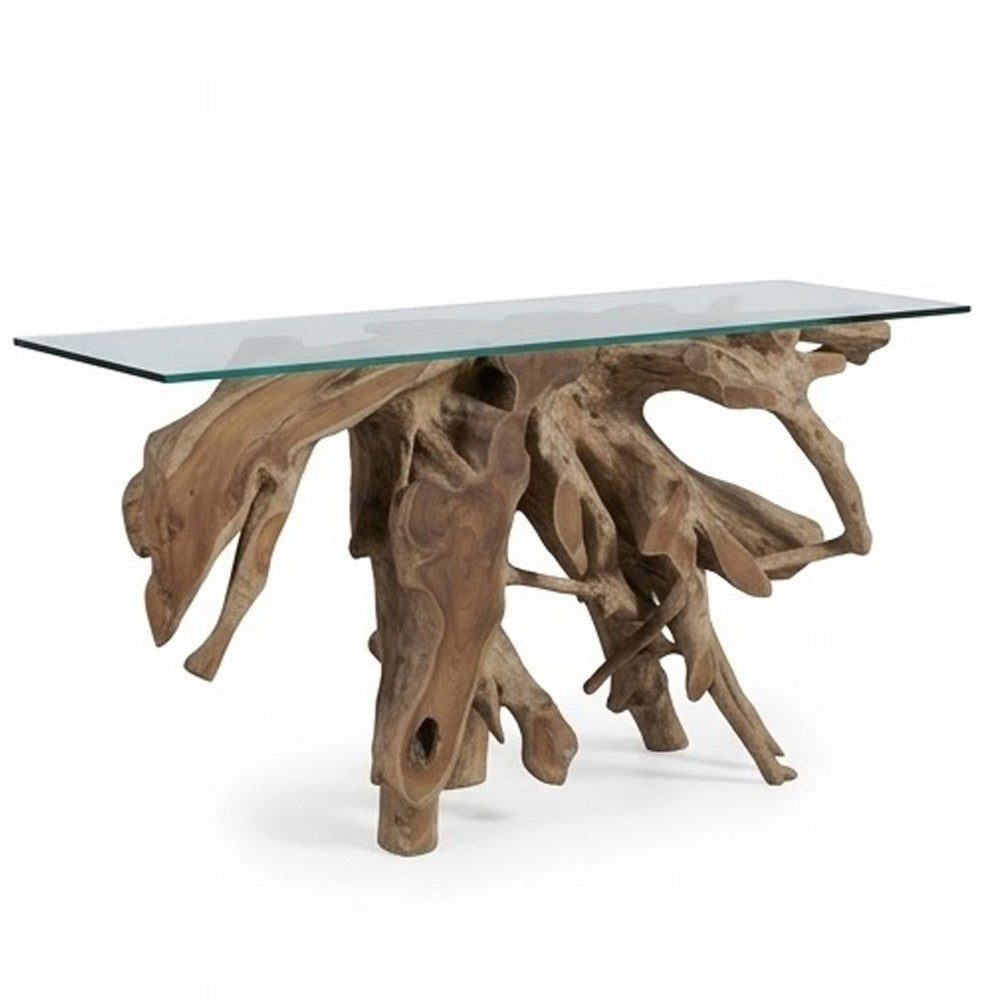 Bruce Console Table | Tempered Glass Top | Teak Root Base | Brown 60"