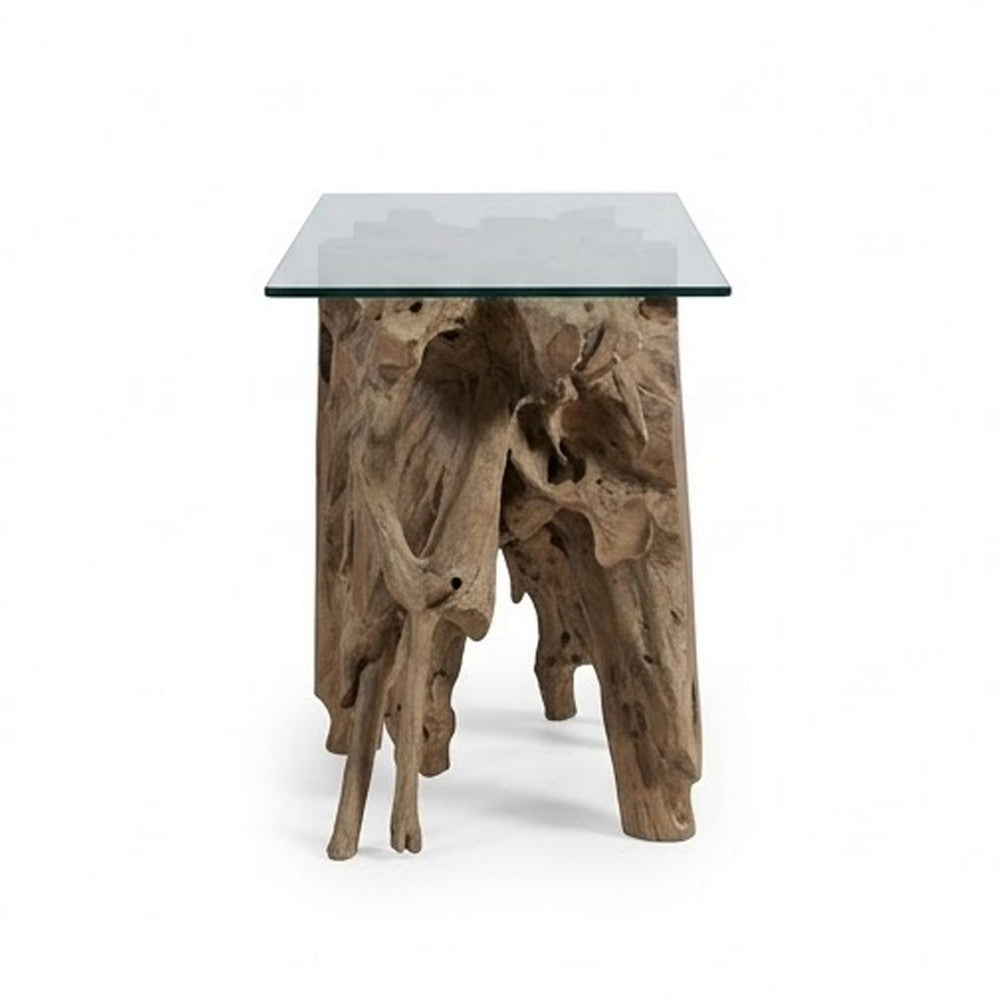 Bruce Console Table | Tempered Glass Top | Teak Root Base | Brown 60"