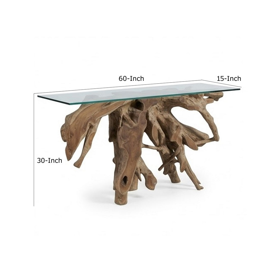 Bruce Console Table | Tempered Glass Top | Teak Root Base | Brown 60"