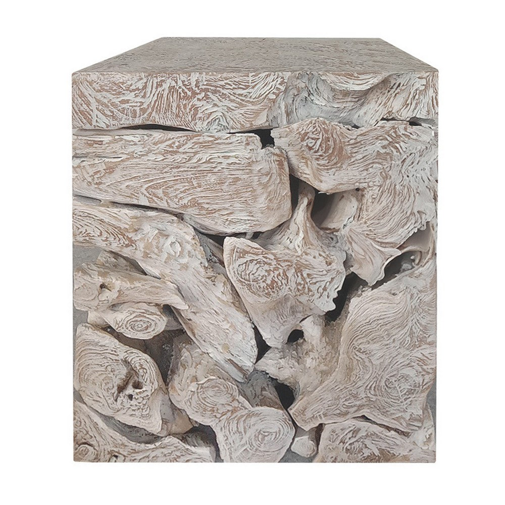 Bruce Square Sliced End Table in Bleached Finish | Solid Teak Wood 22"