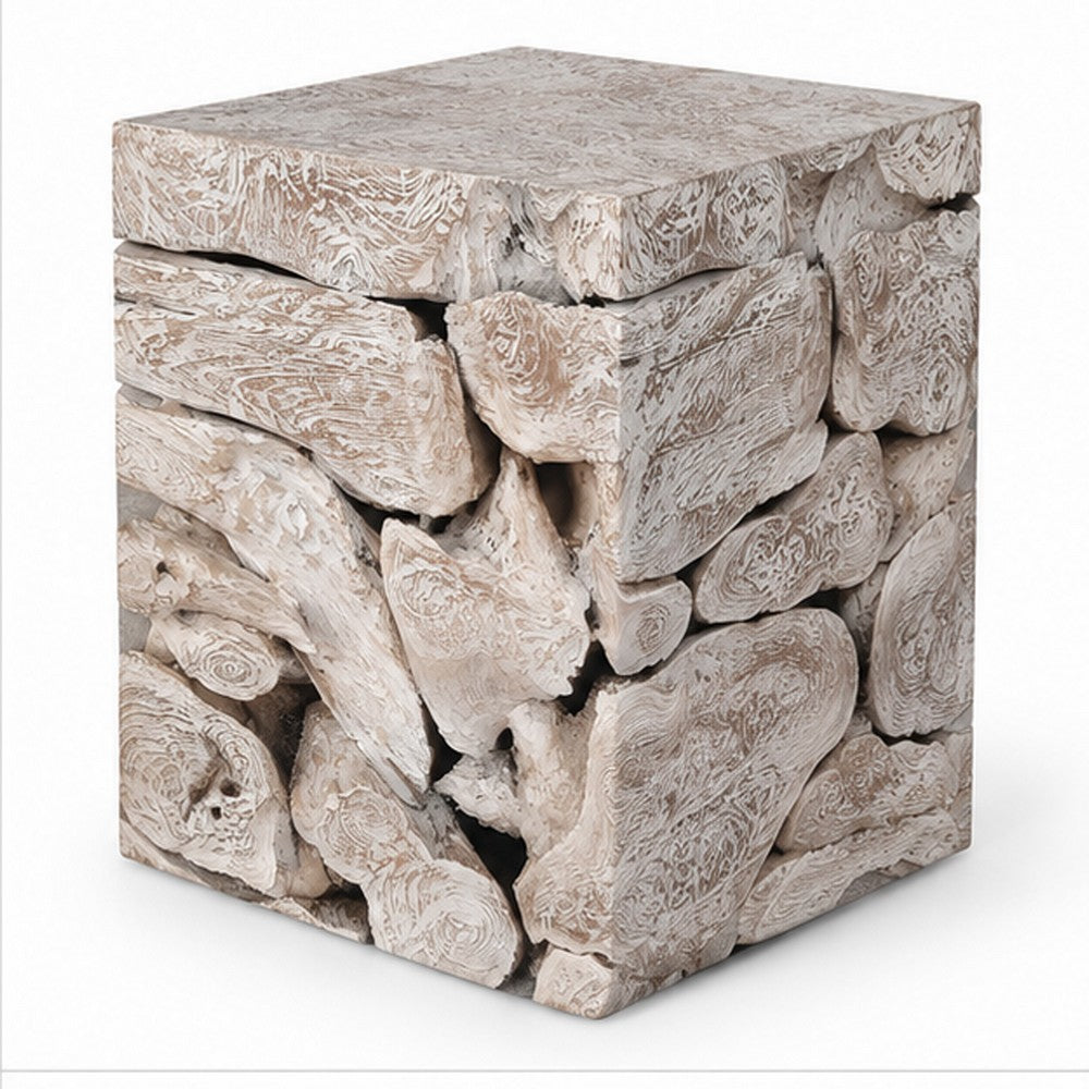 Bruce Square Sliced End Table in Bleached Finish | Solid Teak Wood 22"