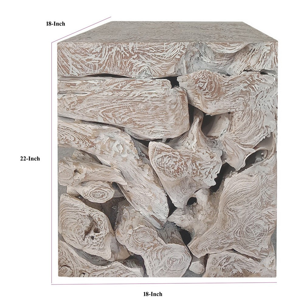 Bruce Square Sliced End Table in Bleached Finish | Solid Teak Wood 22"