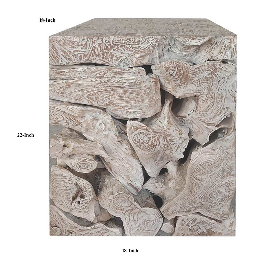 Bruce Square Sliced End Table in Bleached Finish | Solid Teak Wood 22"