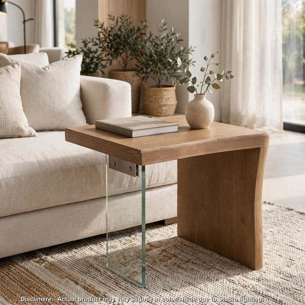 Bruce Rectangular Live-Edge End Table with Glass Leg | Brown Wood 24"