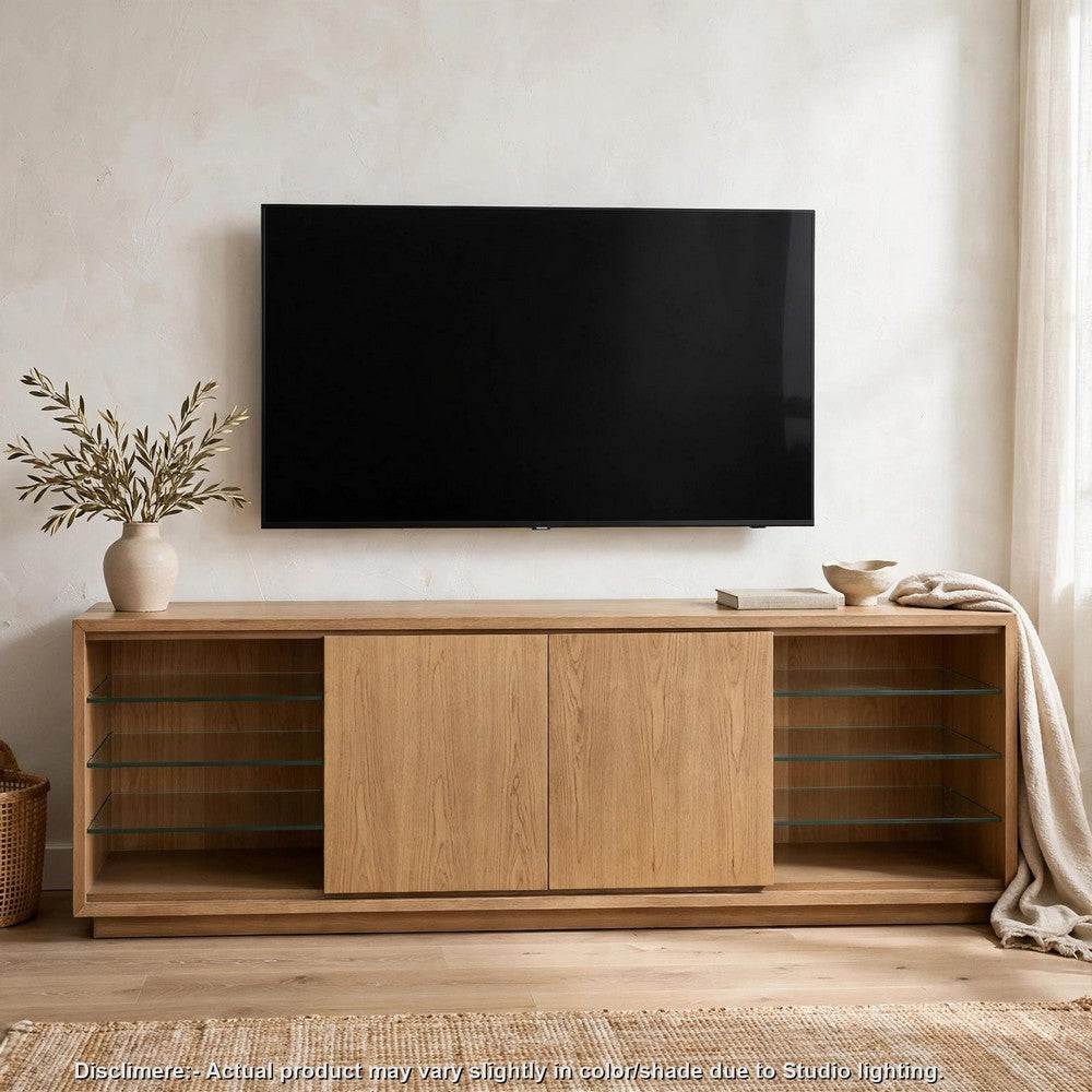 Bruce TV St& Media Cabinet | Glass Shelves & Storage | Bisque Wood 84"