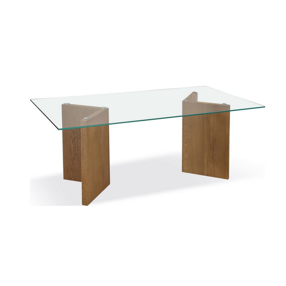 Bruce Dining Table | Rectangular Glass Top | Sculpted V-Base | Brown Wood 80"