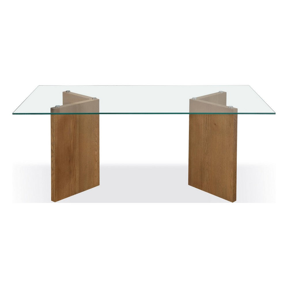 Bruce Dining Table | Rectangular Glass Top | Sculpted V-Base | Brown Wood 80"