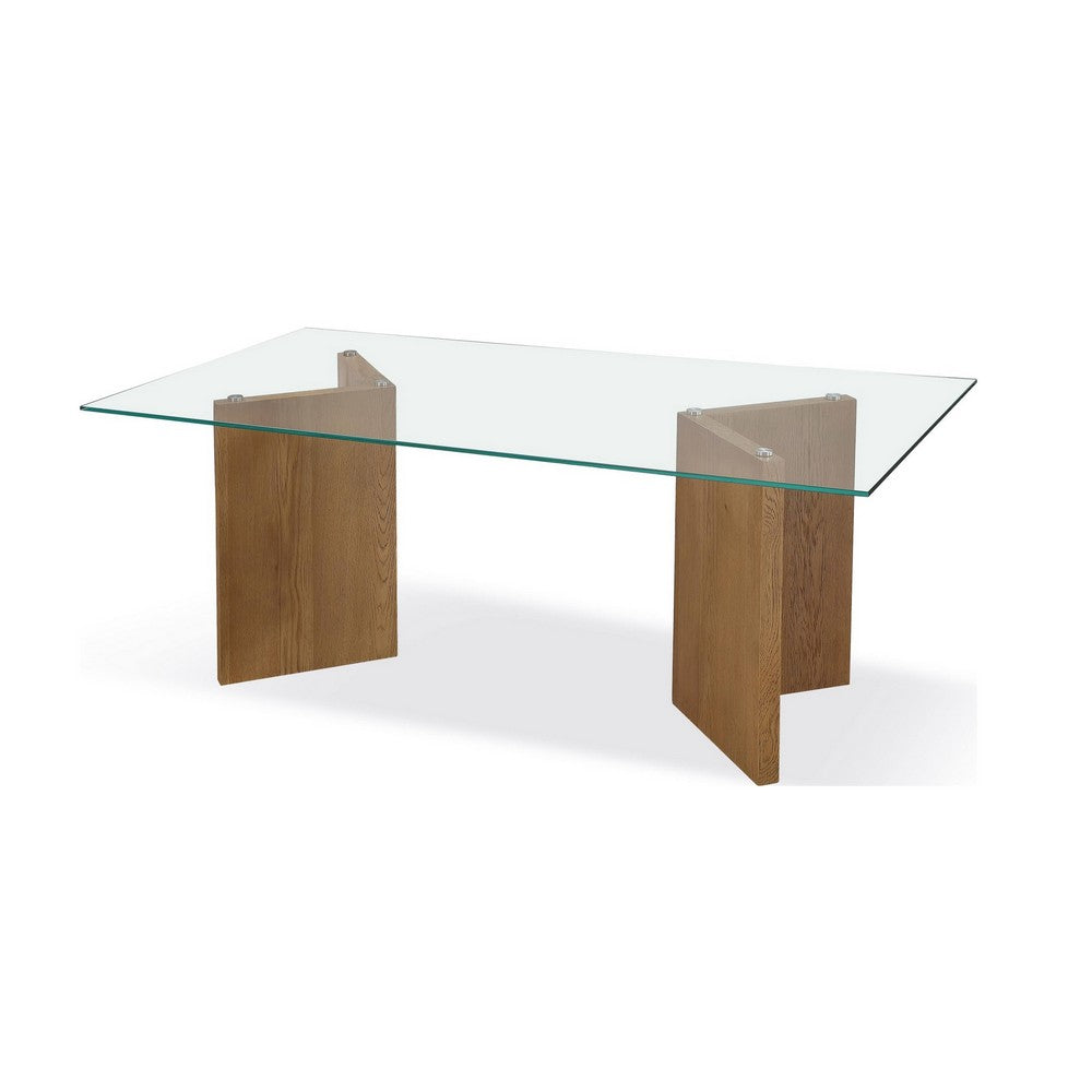 Bruce Dining Table | Rectangular Glass Top | Sculpted V-Base | Brown Wood 80"