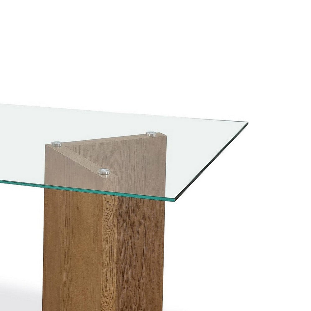 Bruce Dining Table | Rectangular Glass Top | Sculpted V-Base | Brown Wood 80"