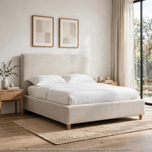 Azin Queen Upholstered Platform Bed | Turned Legs | Ivory Twill Fabric