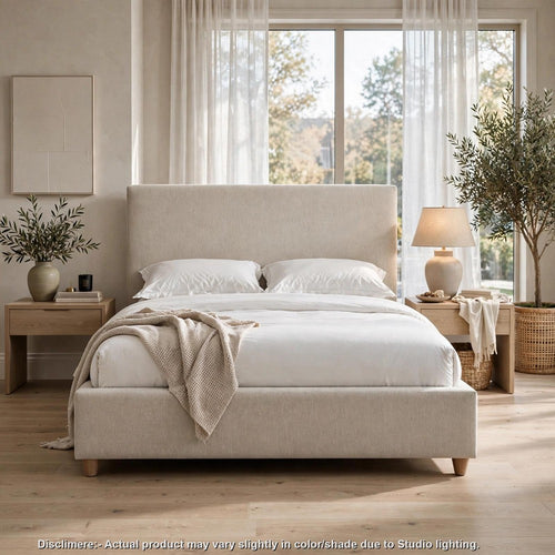 Azin King Upholstered Platform Bed | Turned Legs | Ivory Twill Fabric