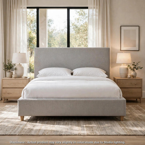 Azin King Upholstered Platform Bed | Turned Legs | Gray Twill Fabric