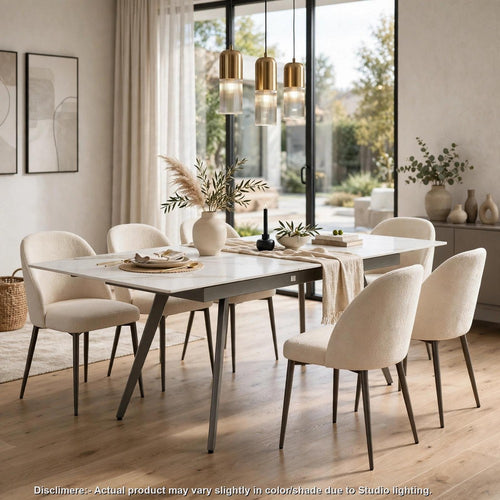 Norah Extendable Dining Table | White Marbled Stone Top | Metal 64-79"