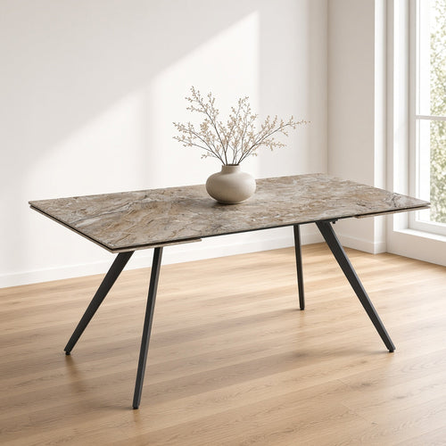 Norah Extendable Dining Table | Brown Marbled Stone Top | Black Metal 63-95"