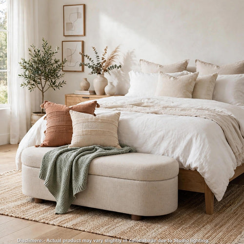 Kaven Upholstered Storage Bench with Wooden Feet | Beige Honey Fabric 55"