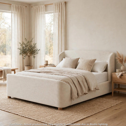 Kaven King Platform Bed | Shelter-Style Headboard | Tan Linen-Polyester