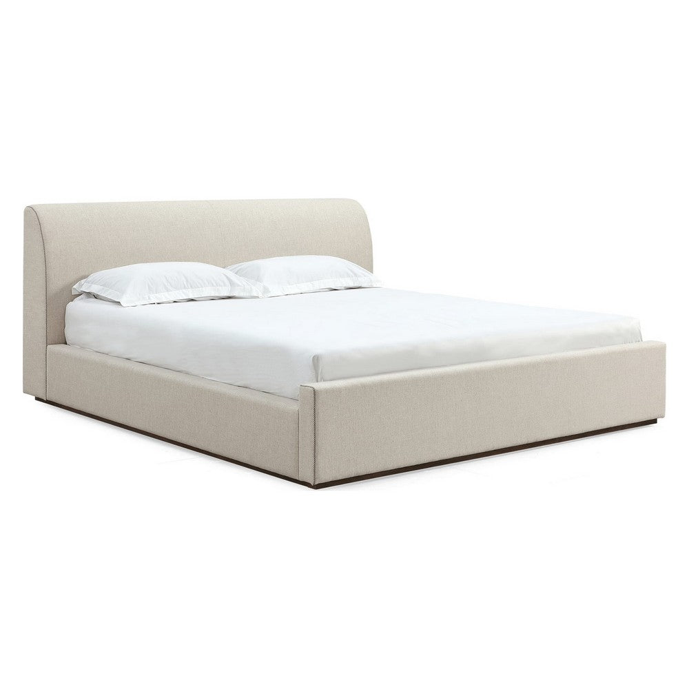 Reza Queen Upholstered Platform Bed | Cross-Stitch Details | Beige Linen