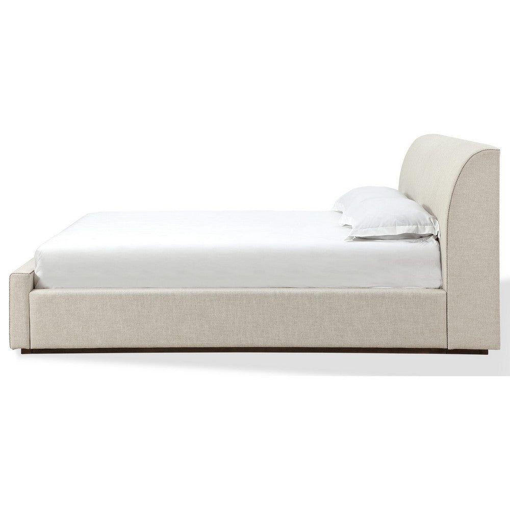 Reza Queen Upholstered Platform Bed | Cross-Stitch Details | Beige Linen