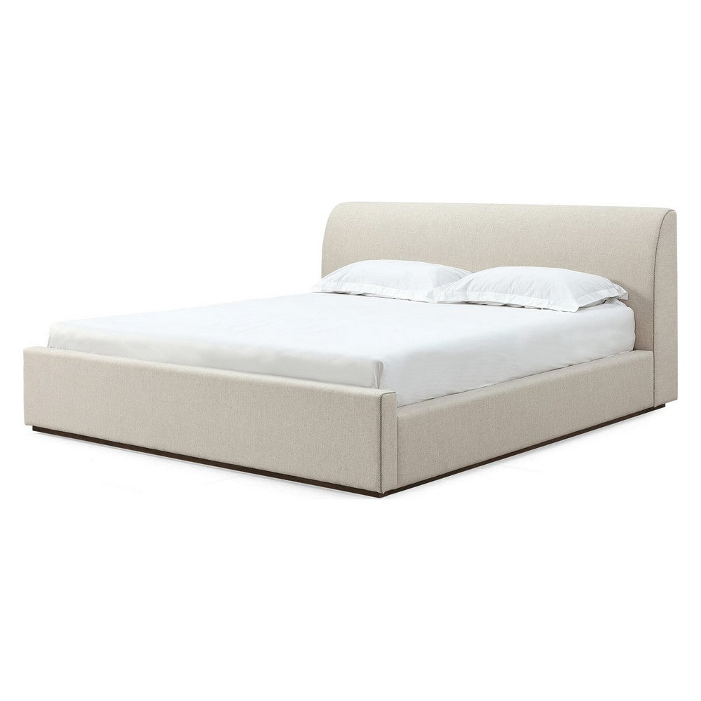 Reza Queen Upholstered Platform Bed | Cross-Stitch Details | Beige Linen