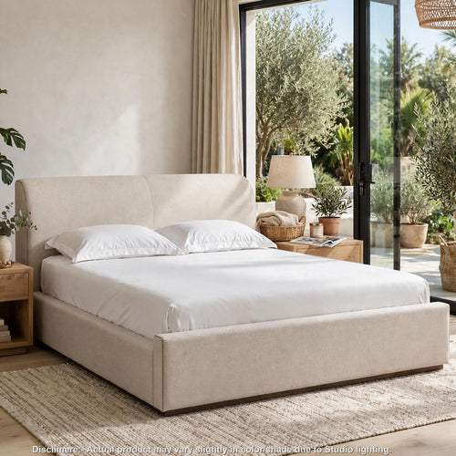 Reza Queen Upholstered Platform Bed | Cross-Stitch Details | Beige Linen