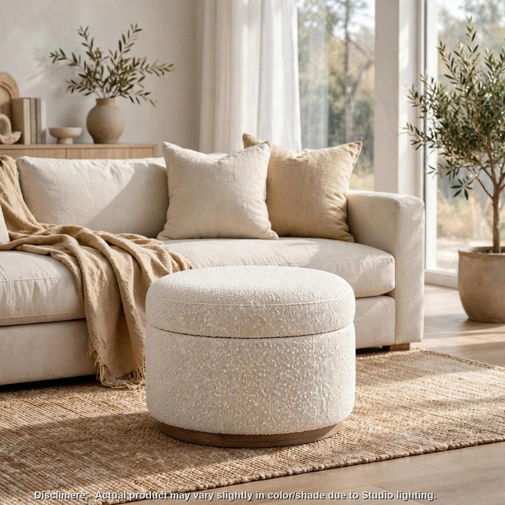 Ziya Storage Ottoman with Solid Wood Base | Off-White Boucle Fabric 20"