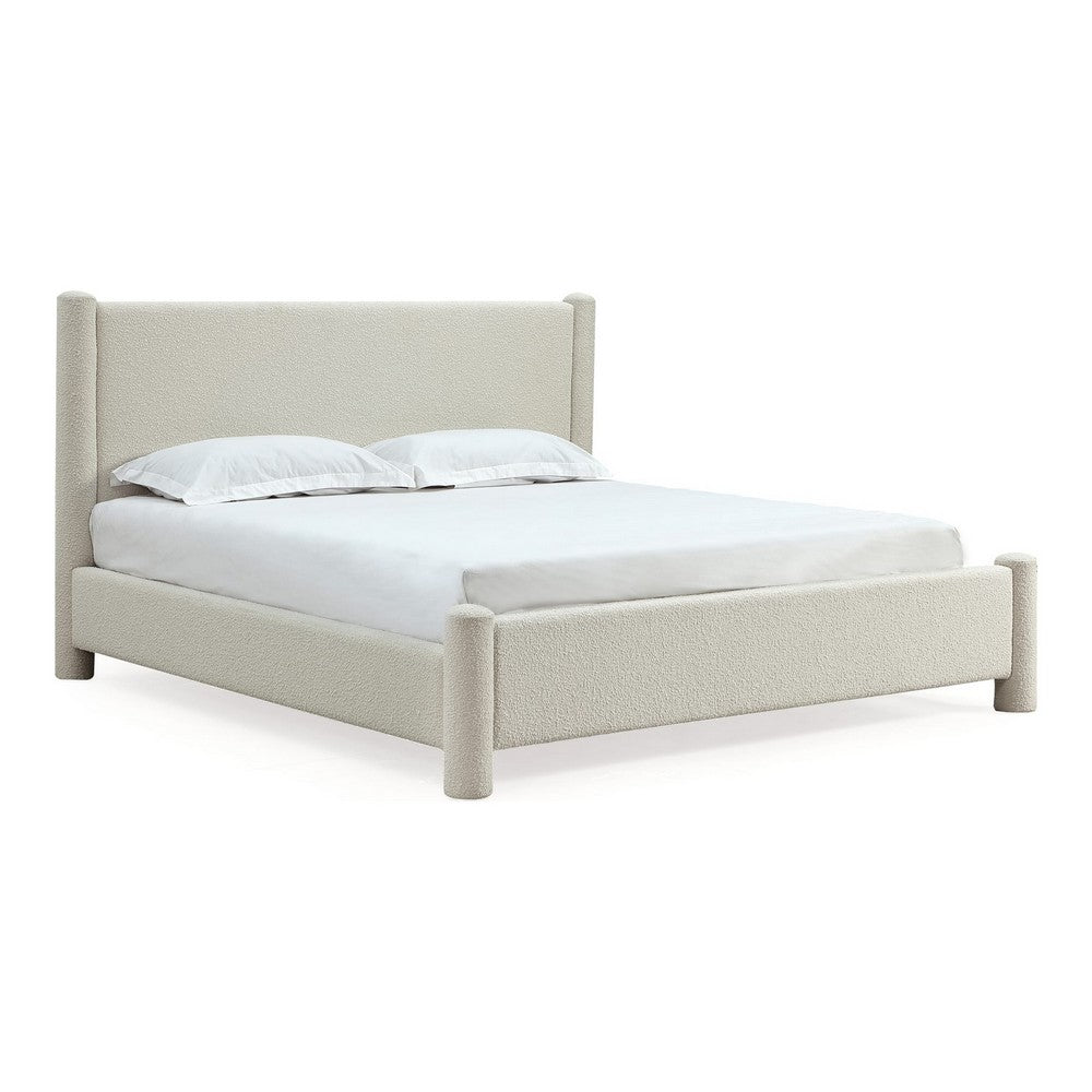 Kizo Queen Upholstered Platform Bed | Short Poster Design | Ivory Boucle