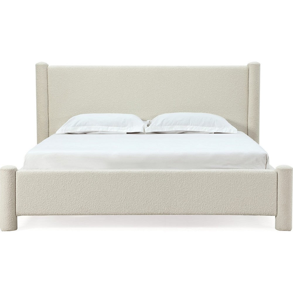 Kizo Queen Upholstered Platform Bed | Short Poster Design | Ivory Boucle