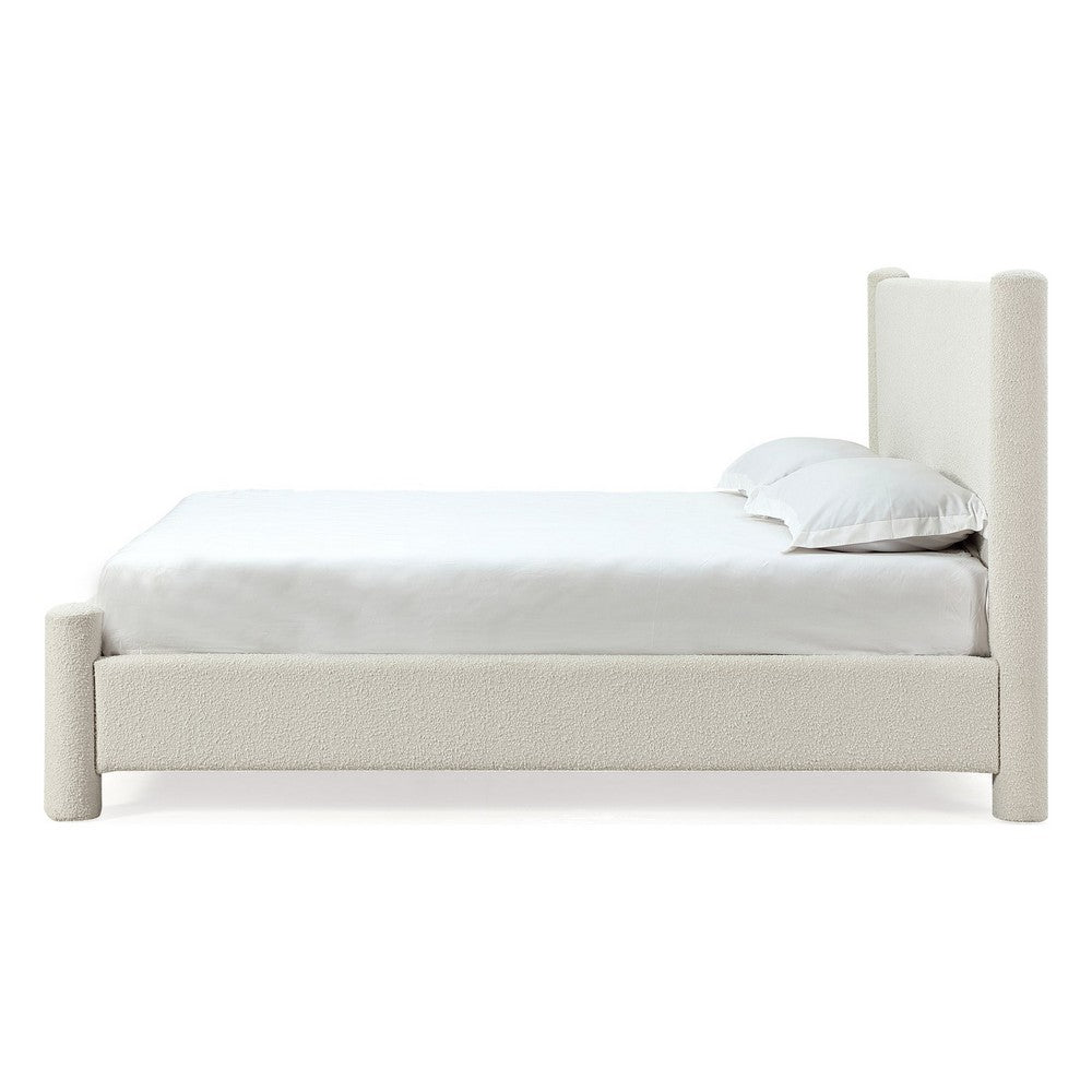 Kizo Queen Upholstered Platform Bed | Short Poster Design | Ivory Boucle