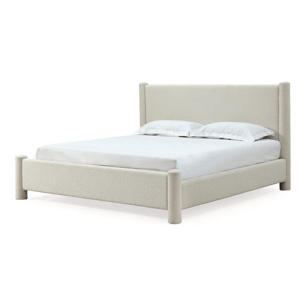 Kizo Queen Upholstered Platform Bed | Short Poster Design | Ivory Boucle